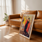 Colorful poster of a woman in a vibrant dress for Sevilla Fiestas de primavera by Balaca y Orejas-Canseco. Sevilla Fiestas de primavera poster featuring a flamenco dancer in a vibrant dress with a cityscape and birds in the background.