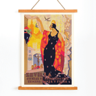 Colorful poster of a woman in a vibrant dress for Sevilla Fiestas de primavera by Balaca y Orejas-Canseco. Sevilla Fiestas de primavera poster featuring a flamenco dancer in a vibrant dress with a cityscape and birds in the background.
