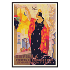 Colorful poster of a woman in a vibrant dress for Sevilla Fiestas de primavera by Balaca y Orejas-Canseco. Sevilla Fiestas de primavera poster featuring a flamenco dancer in a vibrant dress with a cityscape and birds in the background.