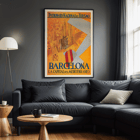 Poster by Patronato Nacional del Turismo titled Barcelona La Capital del Mediterraneo featuring the city skyline and a cathedral. Poster promoting Barcelona with artwork titled La Capital del Mediterraneo featuring the cityscape and flying flag.
