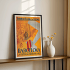 Poster by Patronato Nacional del Turismo titled Barcelona La Capital del Mediterraneo featuring the city skyline and a cathedral. Poster promoting Barcelona with artwork titled La Capital del Mediterraneo featuring the cityscape and flying flag.