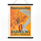 Poster by Patronato Nacional del Turismo titled Barcelona La Capital del Mediterraneo featuring the city skyline and a cathedral. Poster promoting Barcelona with artwork titled La Capital del Mediterraneo featuring the cityscape and flying flag.