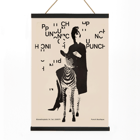 Fashionable woman with a zebra by Paul Mitzkat Punch Boutique Poster Punch Boutique Poster by Paul Mitzkat features a monochrome design with a woman and zebra surrounded by floating text elements.