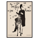 Fashionable woman with a zebra by Paul Mitzkat Punch Boutique Poster Punch Boutique Poster by Paul Mitzkat features a monochrome design with a woman and zebra surrounded by floating text elements.