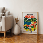 Colorful vintage travel poster of the West Coast of Mexico by Ray Bethers featuring palm trees and vibrant houses. Poster featuring the West Coast of Mexico with palm trees and colorful houses by Ray Bethers.