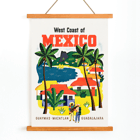 Colorful vintage travel poster of the West Coast of Mexico by Ray Bethers featuring palm trees and vibrant houses. Poster featuring the West Coast of Mexico with palm trees and colorful houses by Ray Bethers.