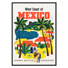 Colorful vintage travel poster of the West Coast of Mexico by Ray Bethers featuring palm trees and vibrant houses. Poster featuring the West Coast of Mexico with palm trees and colorful houses by Ray Bethers.