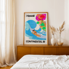 Continental Hawaii Airline Surf artwork featuring a colorful surfing scene by artist. Poster of a surfer riding a wave in vibrant colors promoting Hawaii by Continental Airline titled Surf by Anonymous.