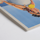 Artwork by Louis Icart titled Monte Carlo featuring two women in swimsuits sitting on a large ball. Poster showing two women seated on a large ball at the beach with text Monte Carlo by Louis Icart.