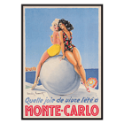 Artwork by Louis Icart titled Monte Carlo featuring two women in swimsuits sitting on a large ball. Poster showing two women seated on a large ball at the beach with text Monte Carlo by Louis Icart.