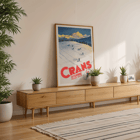 Crans sur Sierre Switzerland Ski Poster by Martin Peikert showcases skiers on snowy mountain slopes. Crans sur Sierre Switzerland Ski Poster featuring skiers descending snowy slopes with mountain backdrop vibrant art piece.