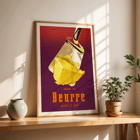 Retro butter advertisement art by Donald Brun titled Butter. Vintage poster featuring butter on a spatula with bold text in French by Donald Brun