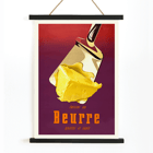 Retro butter advertisement art by Donald Brun titled Butter. Vintage poster featuring butter on a spatula with bold text in French by Donald Brun