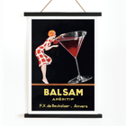 Balsam Aperitif by Jean d'Ylen featuring a woman sipping from a giant cocktail glass. Poster of Balsam Aperitif by Jean d'Ylen featuring a woman sipping from a giant glass with vibrant red contents.