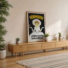 Vermouth Martini by Marcello Dudovich elegant woman with a glass of wine in vintage poster art Poster Vermouth Martini by Marcello Dudovich features an elegant woman in white holding a glass against a black background