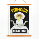 Vermouth Martini by Marcello Dudovich elegant woman with a glass of wine in vintage poster art Poster Vermouth Martini by Marcello Dudovich features an elegant woman in white holding a glass against a black background