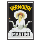 Vermouth Martini by Marcello Dudovich elegant woman with a glass of wine in vintage poster art Poster Vermouth Martini by Marcello Dudovich features an elegant woman in white holding a glass against a black background