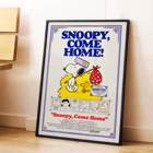Snoopy Come Home movie poster by Charles Schulz featuring Snoopy and Woodstock in colorful illustration. Snoopy Come Home movie poster featuring Snoopy and Woodstock by Charles Schulz artwork showcasing Peanuts characters Lucy and Charlie Brown