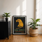 Leonetto Cappiello depicts a playful tiger for Xerez Pedro Domeco advertisement. Poster titled Xerez Pedro Domeco by Leonetto Cappiello featuring a tiger on a black background promoting Pedro Domecq wine.
