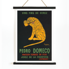 Leonetto Cappiello depicts a playful tiger for Xerez Pedro Domeco advertisement. Poster titled Xerez Pedro Domeco by Leonetto Cappiello featuring a tiger on a black background promoting Pedro Domecq wine.