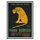 Leonetto Cappiello depicts a playful tiger for Xerez Pedro Domeco advertisement. Poster titled Xerez Pedro Domeco by Leonetto Cappiello featuring a tiger on a black background promoting Pedro Domecq wine.