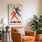 Colorful illustration promoting fruit consumption art by Wpa Health Department titled Eat More Fruits. Poster showing two stylized figures carrying baskets of fruit with the text Put Pep in Your Step Eat More Fruit by Wpa Health Department