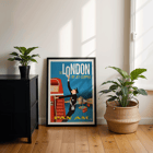 To London by Jet Clipper Pan-Am Airlines vintage poster artwork. Poster featuring a flight attendant and double-decker bus promoting travel to London by Jet Clipper Pan-Am Airlines.