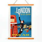 To London by Jet Clipper Pan-Am Airlines vintage poster artwork. Poster featuring a flight attendant and double-decker bus promoting travel to London by Jet Clipper Pan-Am Airlines.