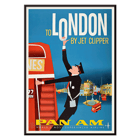 To London by Jet Clipper Pan-Am Airlines vintage poster artwork. Poster featuring a flight attendant and double-decker bus promoting travel to London by Jet Clipper Pan-Am Airlines.