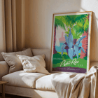 Discover Puerto Rico travel poster by Work Projects Administration featuring vibrant tropical scenery. Discover Puerto Rico poster by WPA Art Project with tropical plants a sailboat and a historic fort in vibrant colors.