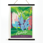 Discover Puerto Rico travel poster by Work Projects Administration featuring vibrant tropical scenery. Discover Puerto Rico poster by WPA Art Project with tropical plants a sailboat and a historic fort in vibrant colors.