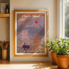 Claude Monet Soleil Levan exhibition poster Impressionist artwork scene Claude Monet exhibition poster titled Soleil Levan featuring a vibrant impressionist scene with a red sun over water.