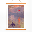 Claude Monet Soleil Levan exhibition poster Impressionist artwork scene Claude Monet exhibition poster titled Soleil Levan featuring a vibrant impressionist scene with a red sun over water.