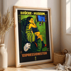 Brucke museum exhibition poster of Female Artist by Ernst Ludwig Kirchner showing an expressionist scene. Brücke museum exhibition poster featuring Female Artist by Ernst Ludwig Kirchner with a colorful expressionist painting.