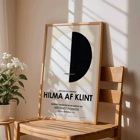 Exhibition poster titled Buddha's Standpoint in the Earthly Life by artist Hilma Af Klint featuring abstract black and white circle design. Exhibition poster with abstract artwork Buddha's Standpoint in the Earthly Life by Hilma Af Klint featuring a circle design.