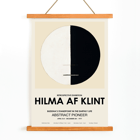 Exhibition poster titled Buddha's Standpoint in the Earthly Life by artist Hilma Af Klint featuring abstract black and white circle design. Exhibition poster with abstract artwork Buddha's Standpoint in the Earthly Life by Hilma Af Klint featuring a circle design.