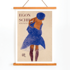 Egon Schiele exhibition poster featuring artwork Red Hair Blue Hat Exhibition poster featuring a woman with red hair in a blue dress and hat by Egon Schiele titled Red Hair Blue Hat