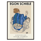 Egon Schiele exhibition poster featuring Woman Seated Back artwork Poster of Woman Seated Back artwork by Egon Schiele showing a woman with a colorful garment sitting with her back turned