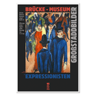 Colorida escena callejera de Berlín en el Museo Brücke de Ernst Kirchner con personas vestidas con atuendos vibrantes. Póster muestra la escena callejera de Berlín en el Museo Brücke de Ernst Kirchner, destacando las vibrantes obras de arte expresionistas