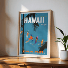 Affiche de voyage colorée Jet Clipper à destination d'Hawaï par Pan Am Airlines avec palmiers et surfeurs Poster du Jet Clipper à destination d'Hawaï par Pan Am Airlines avec des danseurs sur des planches de surf et un avion volant au-dessus des feuilles de palmier.