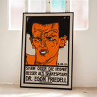 Colorful expressionist portrait poster by Egon Schiele titled Shaw or Irony Lecture by Egon Friedell. Poster titled Shaw or Irony Lecture by Egon Friedell by Egon Schiele depicting an abstract portrait with bold colors and text.