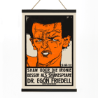 Colorful expressionist portrait poster by Egon Schiele titled Shaw or Irony Lecture by Egon Friedell. Poster titled Shaw or Irony Lecture by Egon Friedell by Egon Schiele depicting an abstract portrait with bold colors and text.