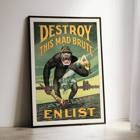 Destroy this mad brute by Harry Ryle Hopps depicts a gorilla holding a woman with enlistment message. Poster showing an ape with a captive woman and a club labeled Kultur in Destroy this mad brute by Harry Ryle Hopps.
