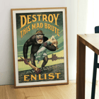 Destroy this mad brute by Harry Ryle Hopps depicts a gorilla holding a woman with enlistment message. Poster showing an ape with a captive woman and a club labeled Kultur in Destroy this mad brute by Harry Ryle Hopps.