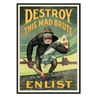 Destroy this mad brute by Harry Ryle Hopps depicts a gorilla holding a woman with enlistment message. Poster showing an ape with a captive woman and a club labeled Kultur in Destroy this mad brute by Harry Ryle Hopps.