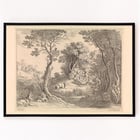 Mercury plays his flute by Willem van Nieulandt depicting pastoral woodland scene Poster of Mercury plays his flute by Willem van Nieulandt showing Mercury with animals in a forested landscape.
