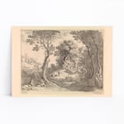 Mercury plays his flute by Willem van Nieulandt depicting pastoral woodland scene Poster of Mercury plays his flute by Willem van Nieulandt showing Mercury with animals in a forested landscape.