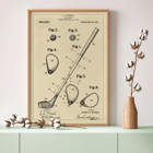 Patente de palo de golf de AC Fowler con dibujos técnicos y especificaciones detalladas Póster de una patente de palo de golf de AC Fowler que muestra dibujos técnicos y partes etiquetadas del palo.