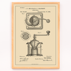 Ilustración detallada de un molinillo de café mecánico de JC Milligan titulada Coffee Mill Póster de una ilustración de patente en blanco y negro de un molinillo de café titulado Coffee Mill de JC Milligan que muestra componentes detallados.