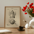 Ilustración de patente de tetera o cafetera de BF Olsen Póster con un dibujo técnico de una tetera o cafetera de BF Olsen con vistas detalladas e información sobre patentes